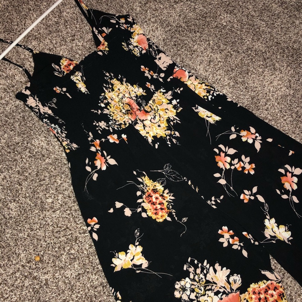 Black floral print wide leg jumpsuit - small